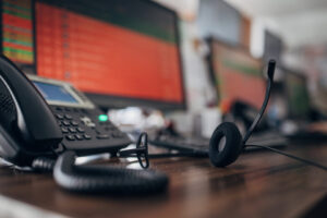 operator equipment on desk in call center office.